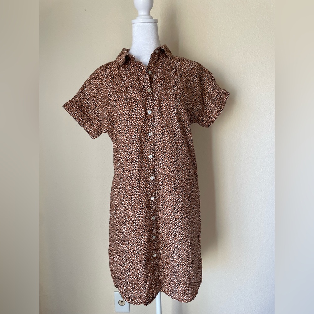 Tahari 100% Linen Button Down Shirt Dress Animal Print Short Sleeve Size Small